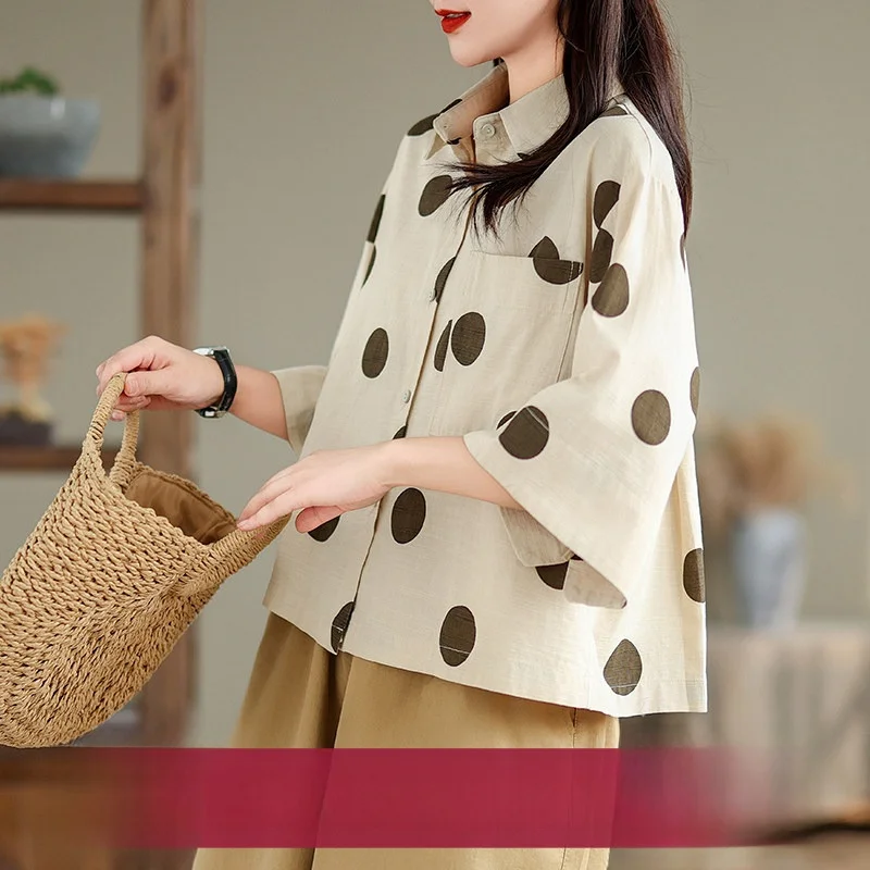 

Retro Polka Dot Cotton Linen Women's Shirt Loose Three Quarter Sleeve Literary Casual Shirt Open Cardigan Short Style Thin Type