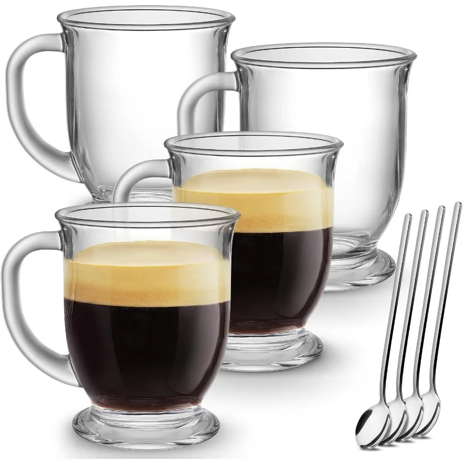 Juego de 4 tazas de café de vidrio grande transparente de 15 onzas con asas para bebidas calientes, ideales para té, capuchino, latte, espresso, jugo y O