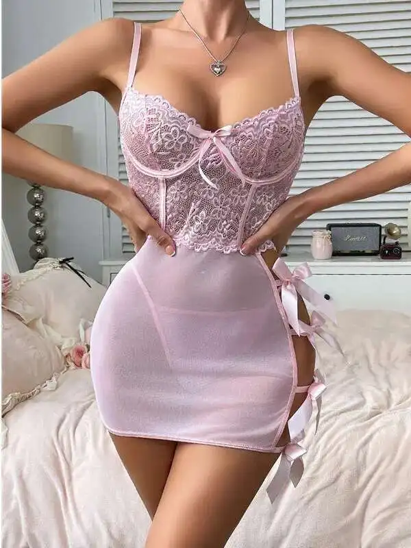 Sexy Transparant Kant Patchwork Backless Diepe V Bretels Mouwloze Jurk String Grote Boog Hip Knuffelen Jurk Sets Charmant 4G8W