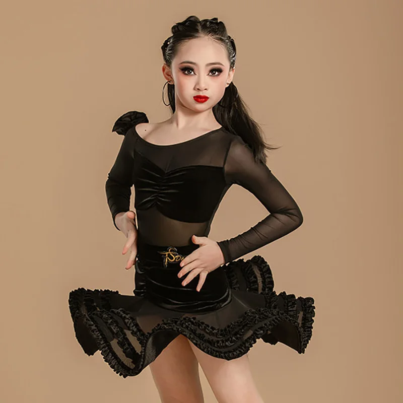 

Детский костюм для латинских танцев для девочек, бархатное сетчатое боди и большие распашные юбки, детская одежда для бальных танцев, тренировочный костюм