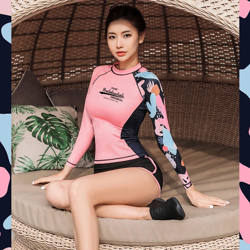 wisuwore 2023 New Women Sports Swimwear Rash Guard Solid Pink Long Sleeve Split Swimsuit Slim Surfing Swimwear Diving Suit