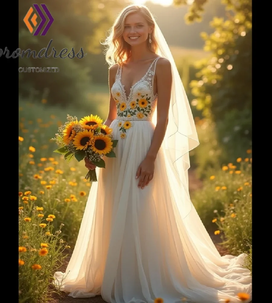 Bohemian Mexican Wedding Dress With Sunflower Embroidery Woodland Civil Boho Bridal Dress 2025 V Neck Lace Bride Elf Customized