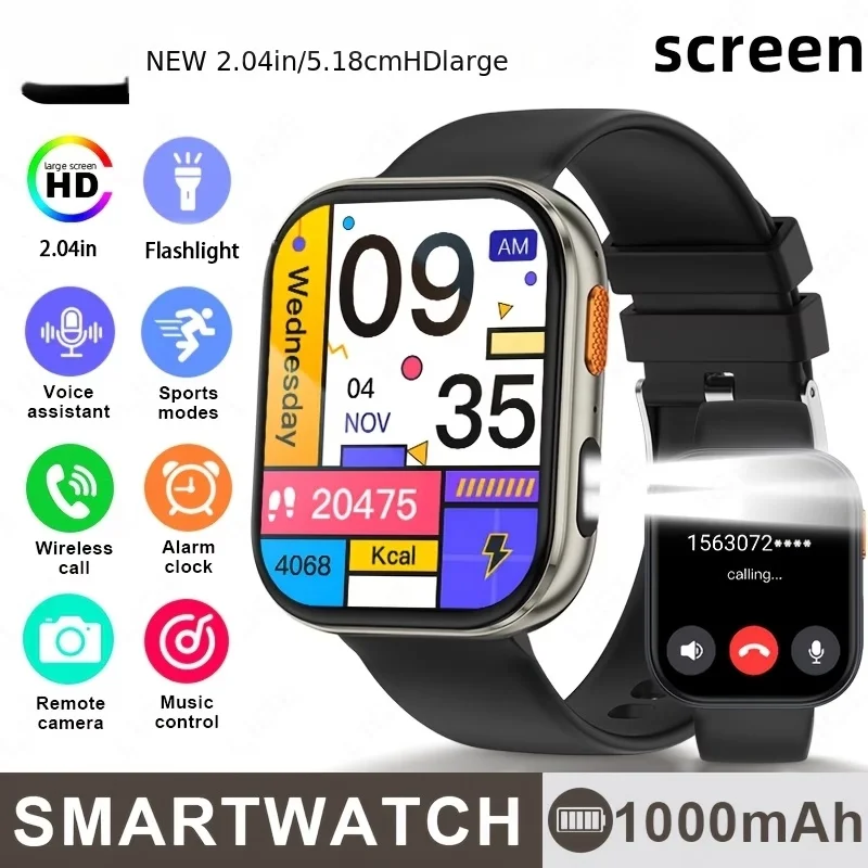 

Смарт-часы для взрослых мужчин с аккумулятором 1000 мАч, 2,04-дюймовым HD-экраном, Bluetooth-звонками, водонепроницаемостью IP68, для спорта