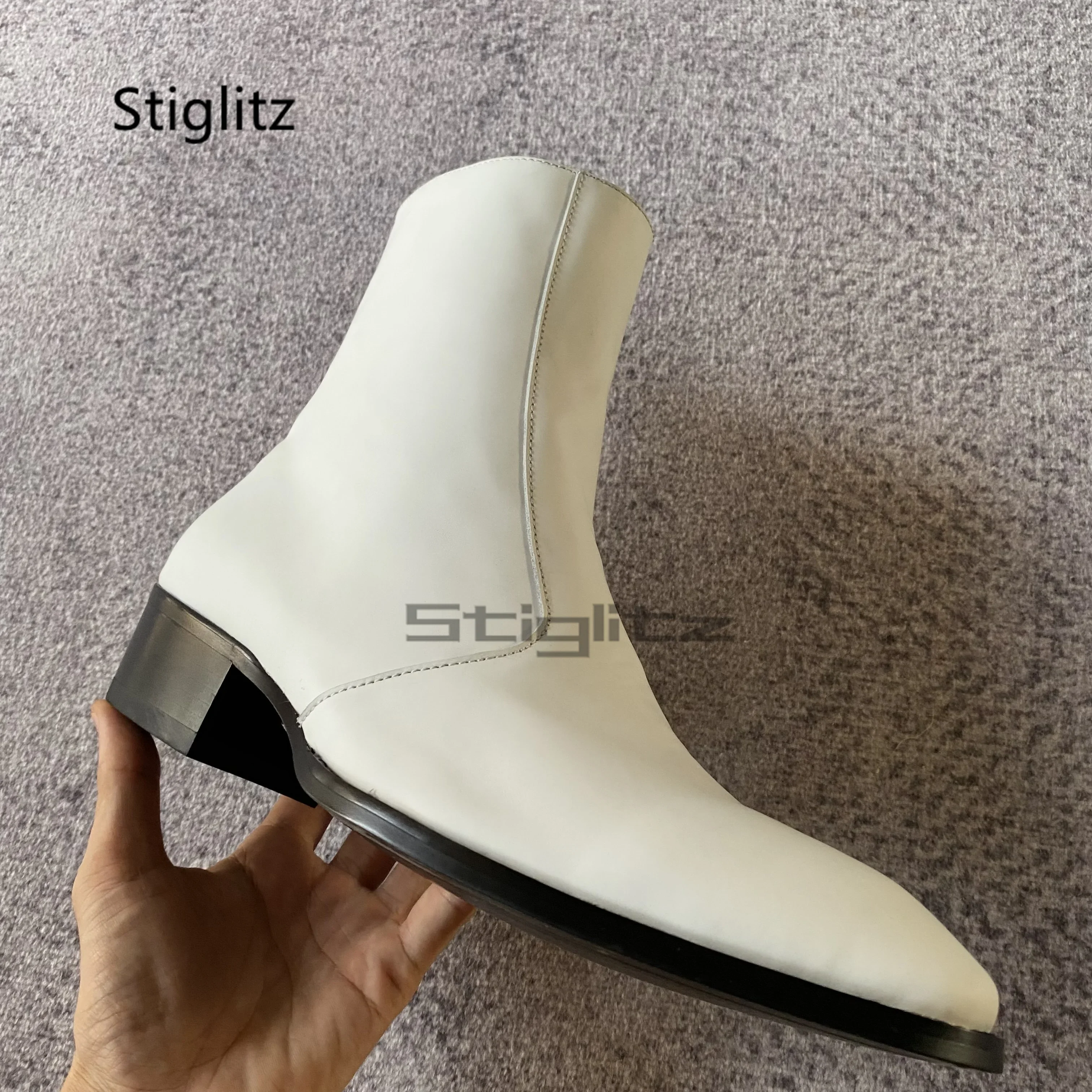 White Genuine Leather Chelsea Boots Men Pointed Toe Cowhide Side Zip Ankle Boots Spring Autumn British Male Business Dress Shoes