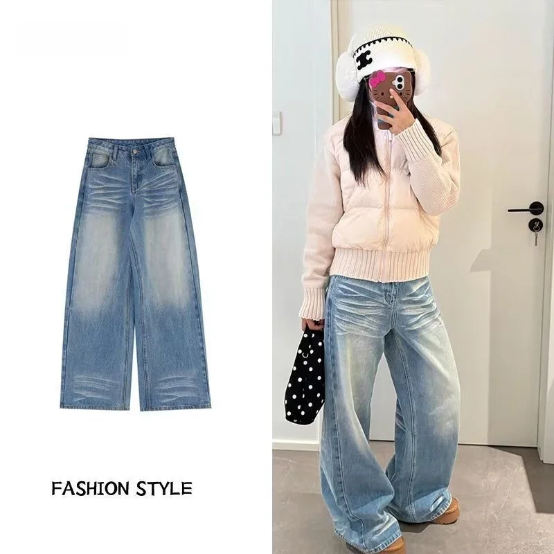 

Женские летние джинсы с высокой талией, широкими штанинами, синие, прямые, в пол, в стиле ретро, с эффектом потертости, в американском стиле, повседневные, свободного кроя