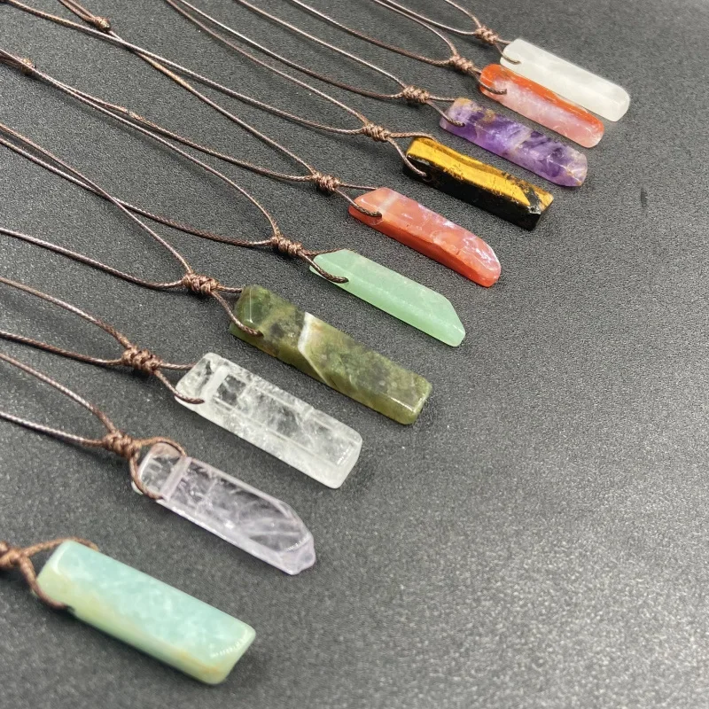 Irregular Brown Rope Choker Flat Strips Stone Healing Crystal Quartz Pillar Pendant Necklace Wholesale Charms Jewelry