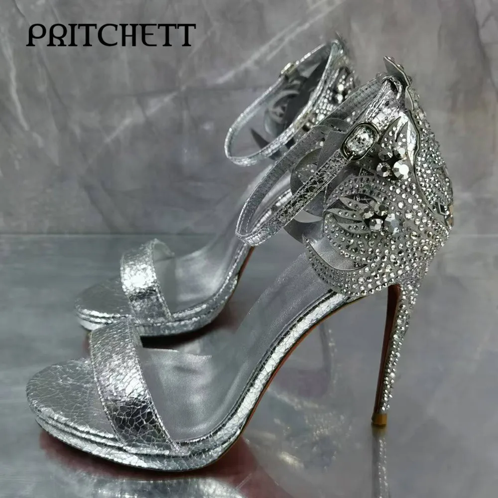 

Silver Cracked One-Strap Platform Sandals Elegant Round-Toed One-Strap Rhinestone Stiletto High-Heeled Sexy Sandals for Women