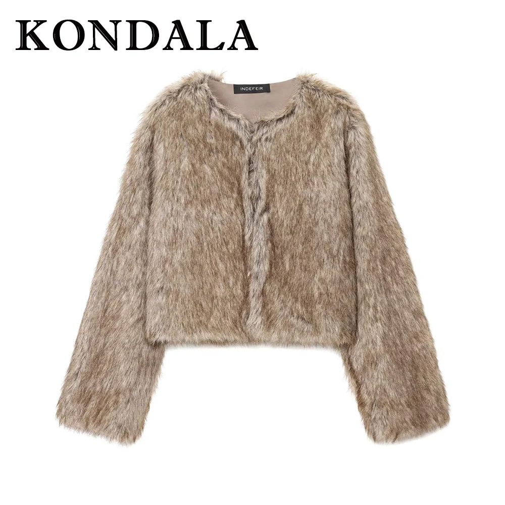 سترة KONDALA أنيقة كاكي فاخرة فروي شتوية نبيلة أنيقة للنساء موضة خريف 2025 من الفرو الصناعي ملابس خارجية قصيرة للحفلات والنوادي الليلية