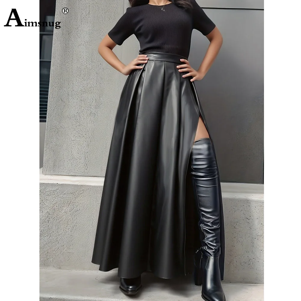 2026 alta divisão plissada falso couro do plutônio saias das mulheres sexy night club dança festa saia bodycon feminino tornozelo comprimento bottoms novo