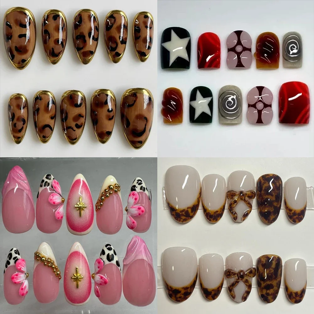 

Brown Leopard Print Design 3D Handwork Flowers Fake Nails Almond Square Smudge Gradient Color Manicure Nails Party Girl Gift