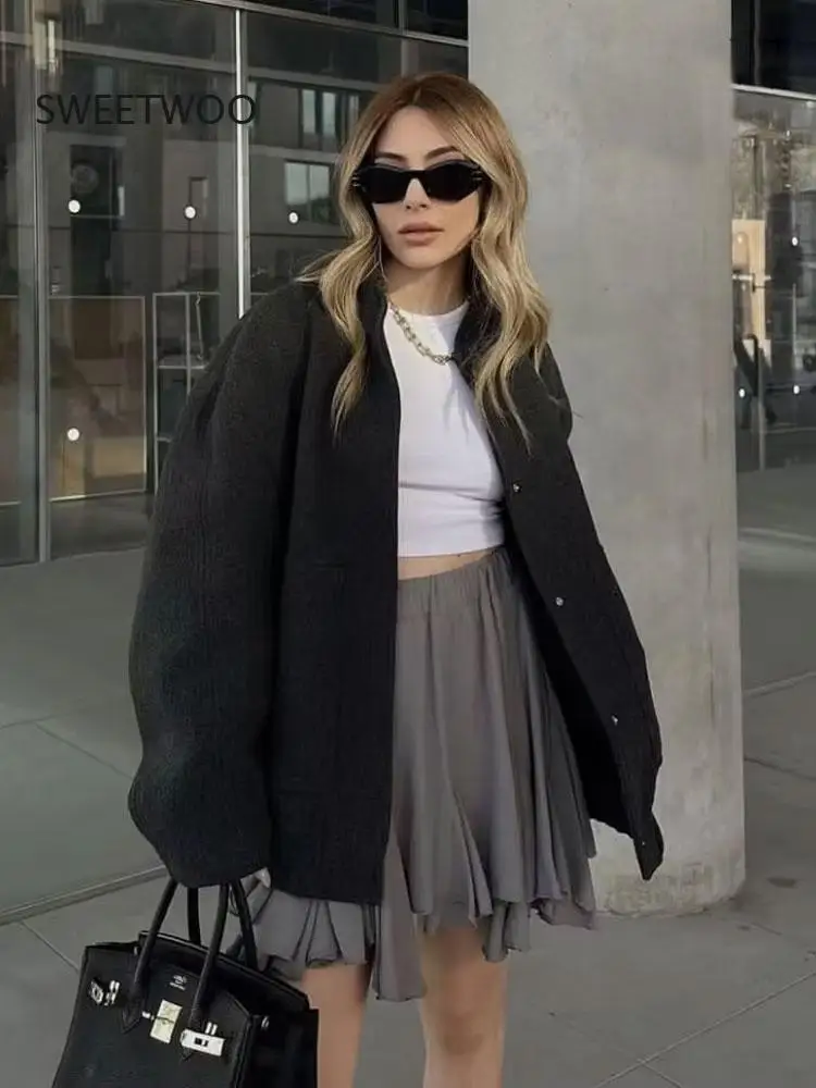 

Oversized Vintage Bomber Jacket Women - Long Sleeve Snap Button Chic Coat with Pockets