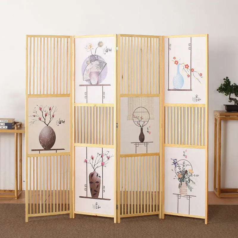 New Chinese Style Foldable Pine Wood Screen Partition for Living Room Porch Hotel Study Office Interior Wall Divider Decor