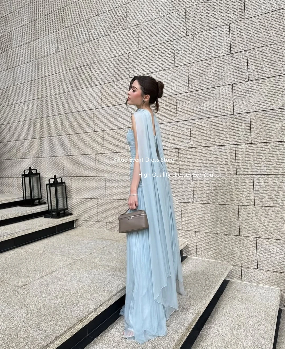 Xikuo Sky Blue Chiffon Prom Dresses For Girl Full Pleated Party Dresses With Long Cape Women Formal Evening Gowns Customized
