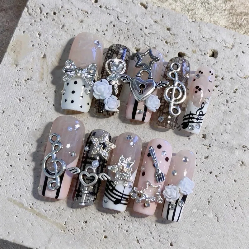 10PCS Musical Notes Retro Vintage Nail Art Y2K Gyaru French Handmade Press on Nails 3D Rose Loc... product image