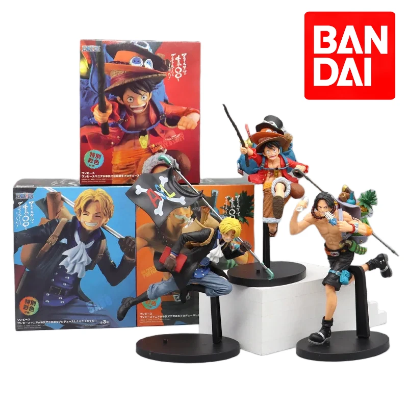 

Bandai One Piece Luffy Ace Sanji Figure Three Brothers Running Backpack Carved Action Model Ornament Anime Peripheral Toy Gift