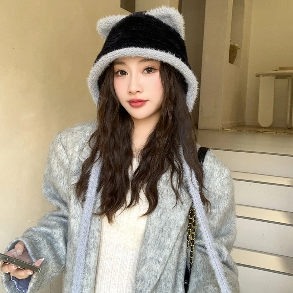 

Fashion Korean Style Cute Cat Ear Hat Warm Casual Faux Fur Bucket Hat Plush Ear Protection Women Fluffy Hats Girls