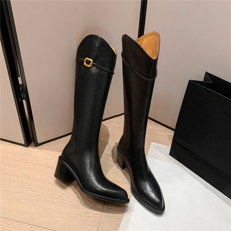 Meotina النساء جلد طبيعي حذاء برقبة للركبة أشار تو سميكة عالية الكعب سستة مشبك الغربية طويلة التمهيد السيدات أحذية الشتاء