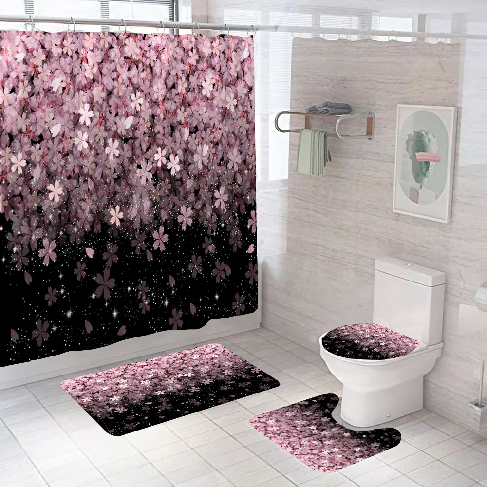 Romantic Cherry Blossom Shower Curtains Bathroom Curtain Set Pink Sakura Plum Flowers Bath Curtains Toilet Mat Rug for Bathtub