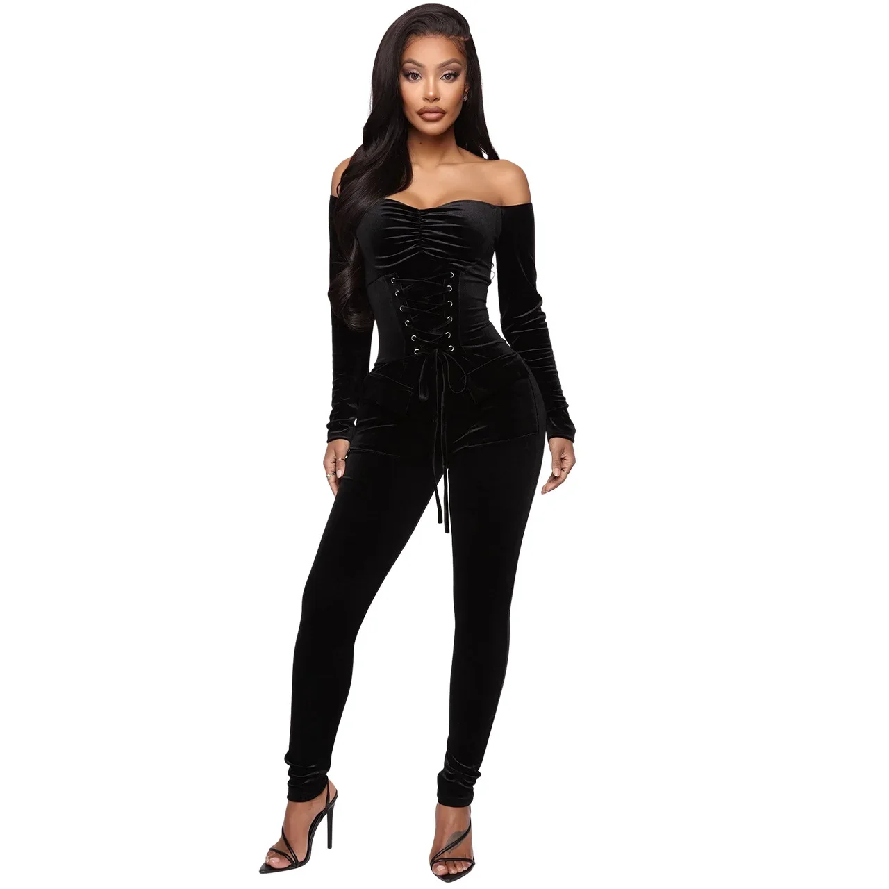 New Chic Off Shoulder Blue Lace-Up Velvet Long Sleeve Jumpsuits Women Rompers One Piece Overalls Night Club Outfits