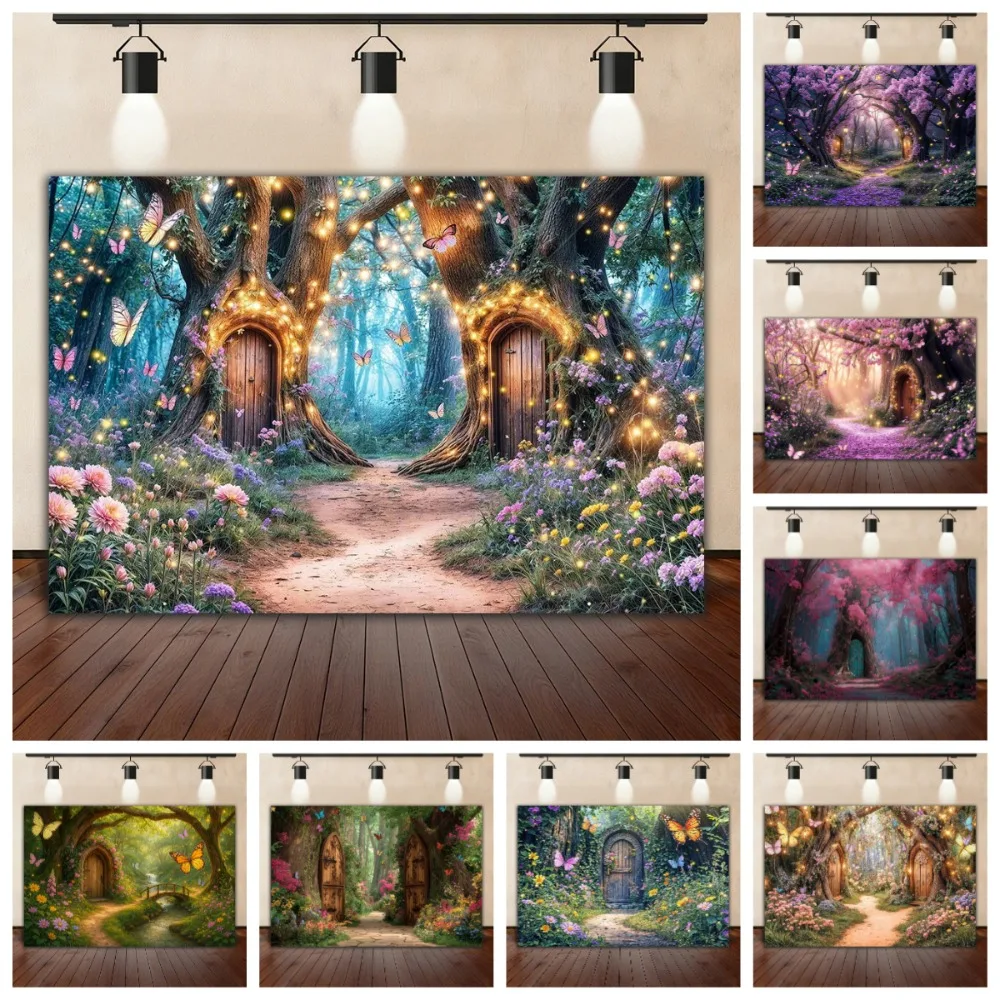 

Fairy Tale Fantasy Forest Wonderland Magic House Banner Backdrop, Natural Forest Children's Birthday Party Photography Backdrop