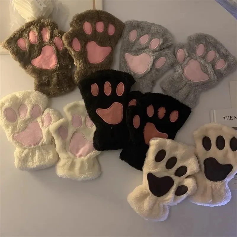 Plush Fingerless Panda Mittens Cute Fluffy Cat Paw Claw Fingerless Gloves Warm Soft Half Finger Women Winter Wear Christmas Gift