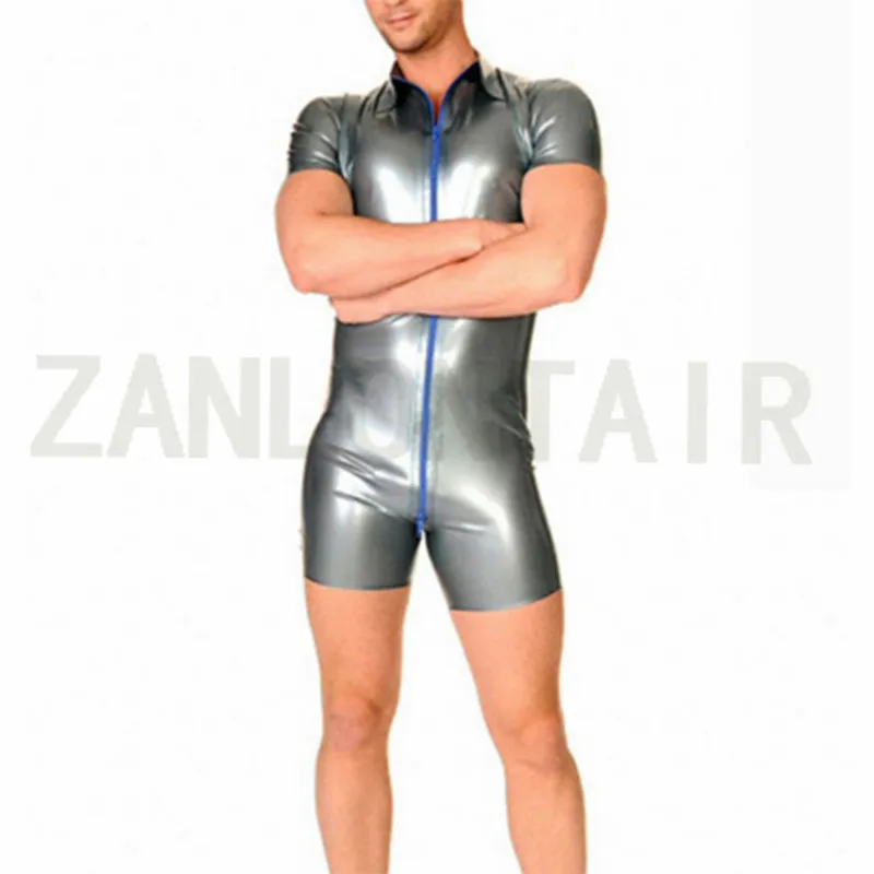 

Мужская серебристо-черная униформа ручной работы с короткими рукавами, шорты, комбинезон, фетиш, трехсторонняя молния сзади до спереди, индивидуальный размер