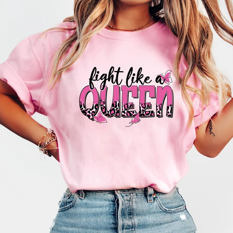 Fashion Breast Cancer Awareness Fight Like A Queen Printed T-Shirts Men Women Summer Casual Short Sleeved T-Shirts