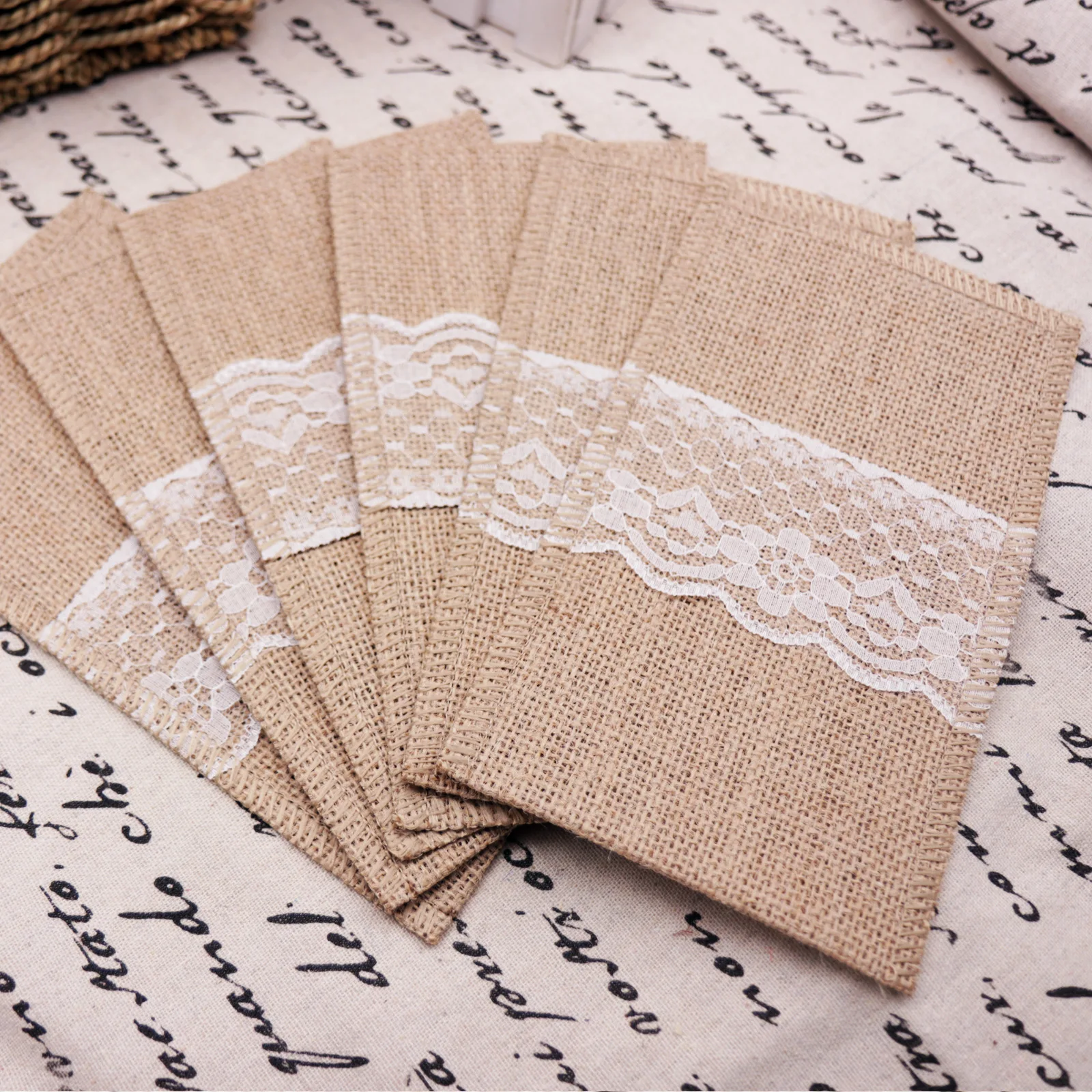 6pcs Burlap Cutlery Pocket Tableware Bag Lace Vintage Jute Hessian Knife Fork Holder Rustic for Wedding Party Birthday Decor view 2