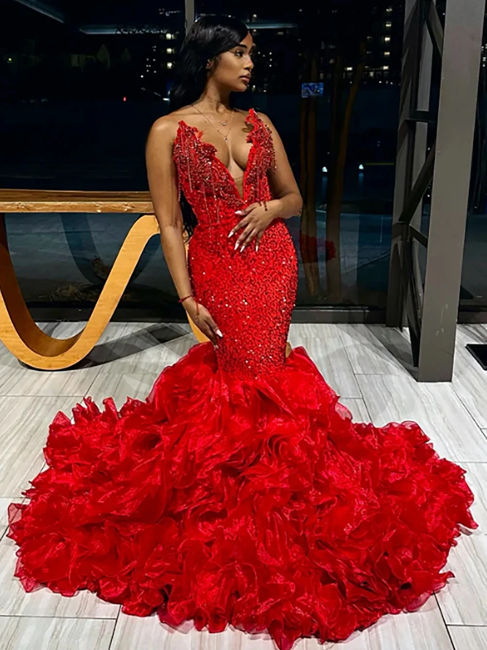 

Red V-neck Long Prom Dresses For Black Girls Beaded Sequins Birthday Party Dresses African Evening Gown Robe De Customized 2026