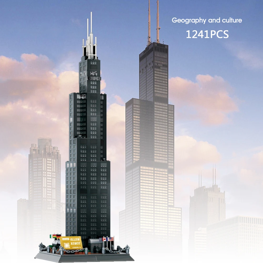 Brique d'architecture commerciale des états-unis, tour Willis de Chicago, ensembles de modèles de fraises de grande hauteur, jouet de bloc de construction