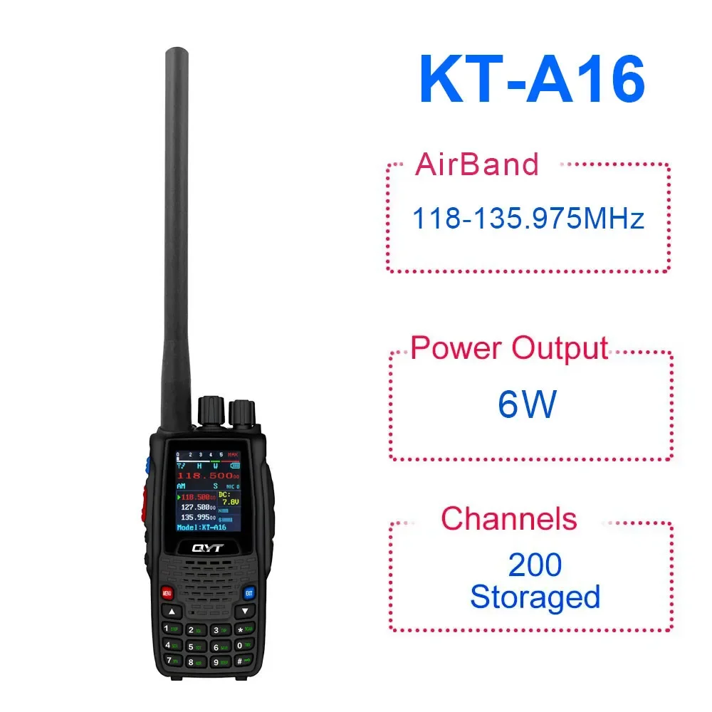 Banda de ar transmitir walkie talkie tx108.000-136.999mhz rx108.0000-136.999mhz 6w 200ch w/10 noaa canais de previsão do tempo KT-A16