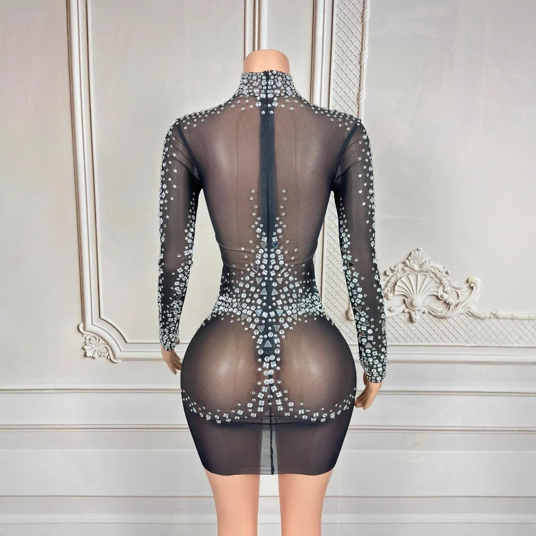 코스튬 나이트클럽 바 풀 다이아몬드 메쉬 긴팔 짧은 스커트 여성 가수 모델 걸 그룹 웨딩 파티 드레스