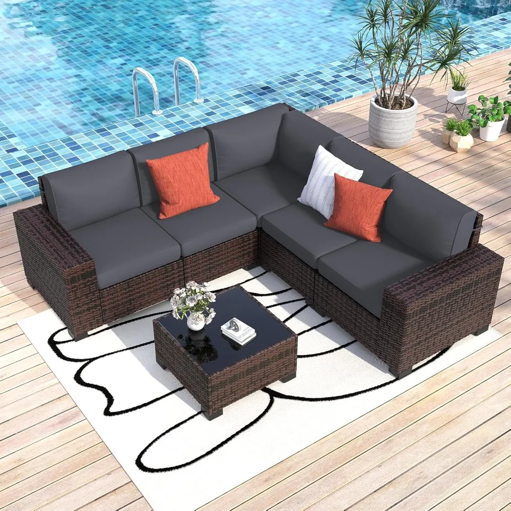 Conjunto de móveis de vime para exterior, combinação de sofá de vime, conjunto de recepção de terraço de salgueiro, 6 peças