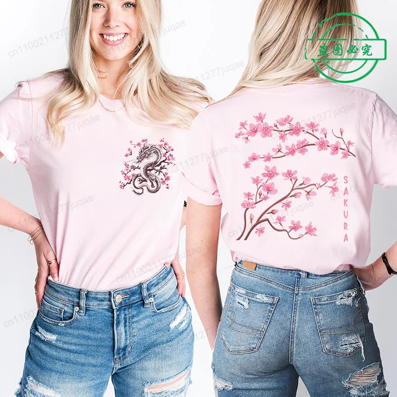 Women's T-shirt Clothes Sakura Cherry Blossom Printed T-shirt Summer Harajuku Women's Pink T-shirt Clothing New Fashion Brand