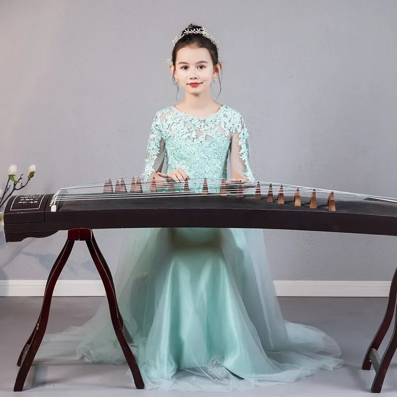 

Детское платье для выступлений Guzheng с зеленой вышивкой, китайское классическое тонкое темпераментное длинное Стильное классическое танцевальное платье для девочек