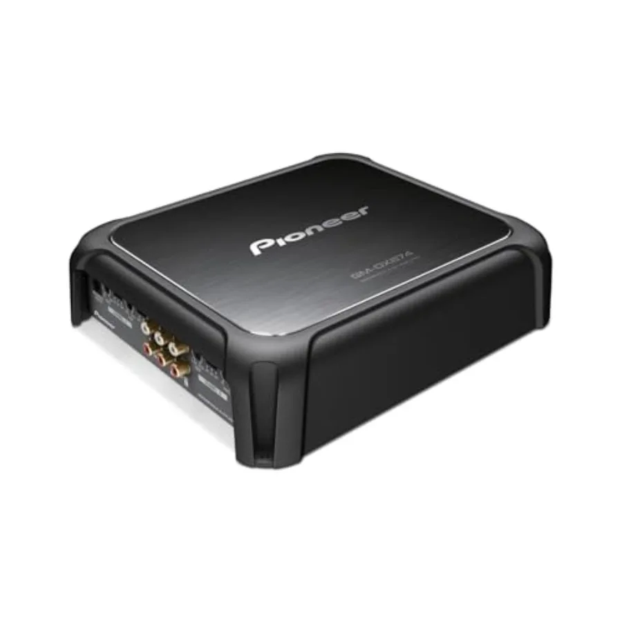 Car audio amplifier, aluminum chassis, black, 1200W Class D power with variable low-pass filter and remote bass boost control