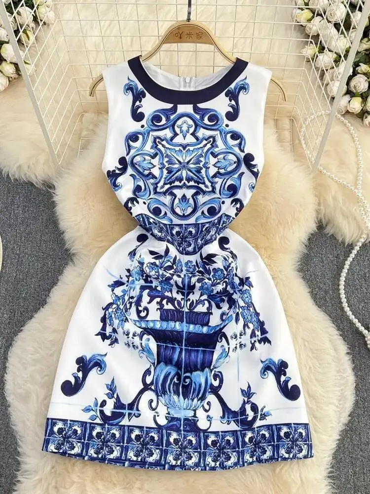 Fashion Runway Summer Short Dress Women's Sleeveless Elegant Blue And White Porcelain Flower Print Holiday Tank Mini Vestidos