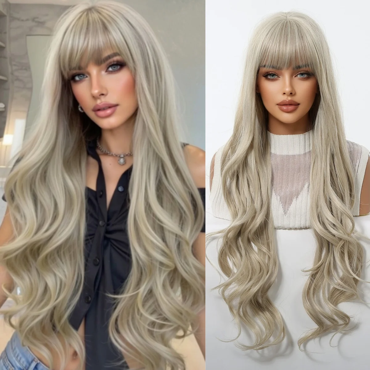 

ALAN EATON Platinum Blonde Synthetic Wig with Bangs Long WavyWig for Women Natural Looking Daily Heat Resistant Fake Hair