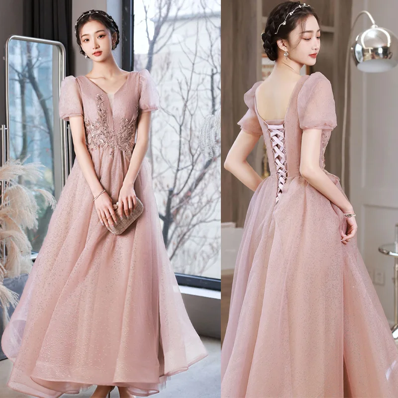 

It's Yiiya V-Neck Short Sleeves Floor-Length Lace Up Sequins A-Line Formal Dress Pleat Tulle Pink Sexy Dress Woman Party A2784