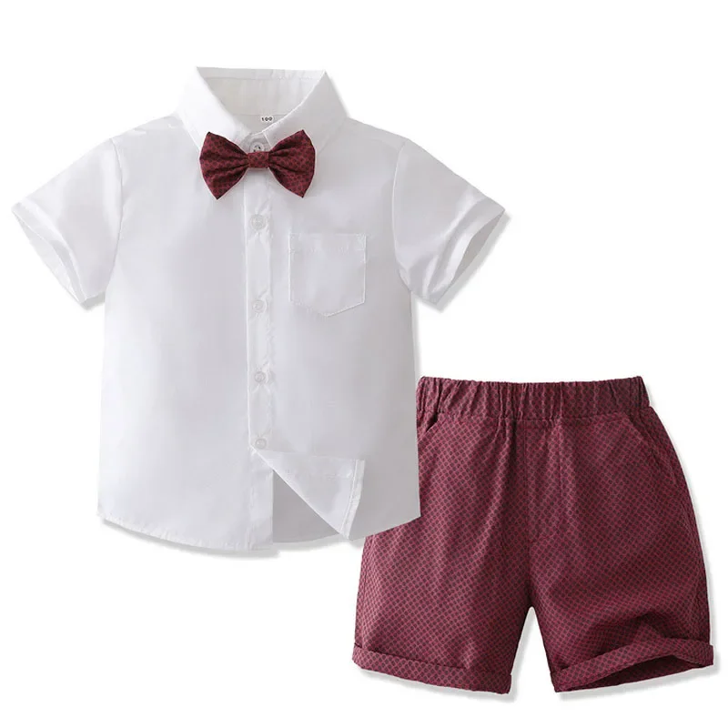 

Summer Baby Boys Clothes Gentleman Suit Short Sleeve Bowtie White Shirt Tops+Shorts 2Pcs Set Formal Boys Children Clothing 1-6Y