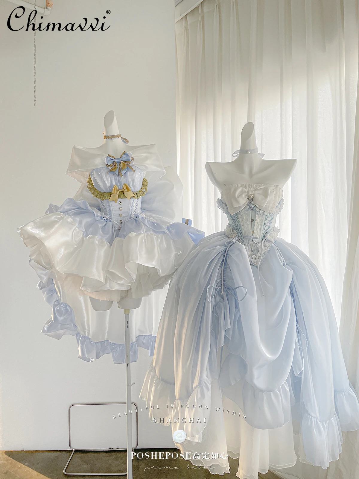 2026 Summer New Birthday Party Sweet Bow Tube Top Dress Waist Seal Outer Cover Blue Princess Ballet Dress Set