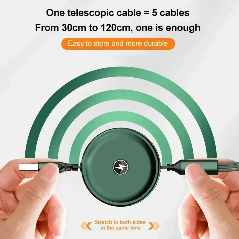 Fast Charging 3 in 1 Retractable Charging Cable For iPhone Type-C Micro USB Phone Tablet Multi Function Multi Color Mini Use Pro