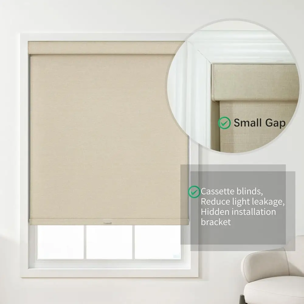 무선 암막 롤러 쉐이드, 자외선 차단 린넨 원단, 단열, 34x72 베이지색 가정 및 사무실용