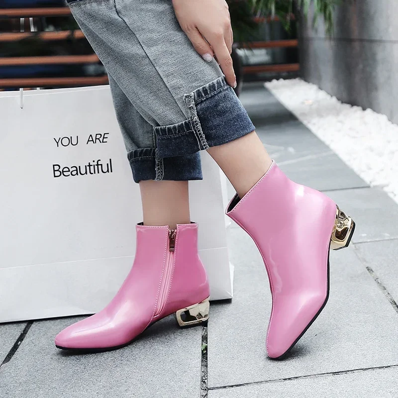 Plus Size Winter Blue Pink Patent Leather Women Ankle Boots 4cm Medium Block Heel Dress Party Square Toe Office Lady Short Boots