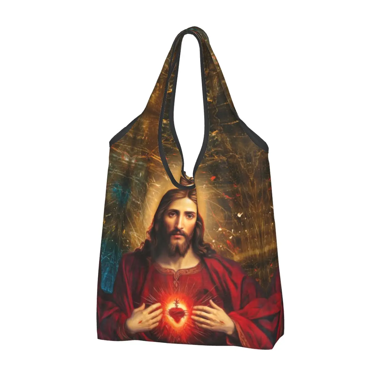 

Reusable Catholic Sacred Heart Of Jesus Christ Shopping Bags for Groceries Foldable Religious Grocery Bags Washable Large bags