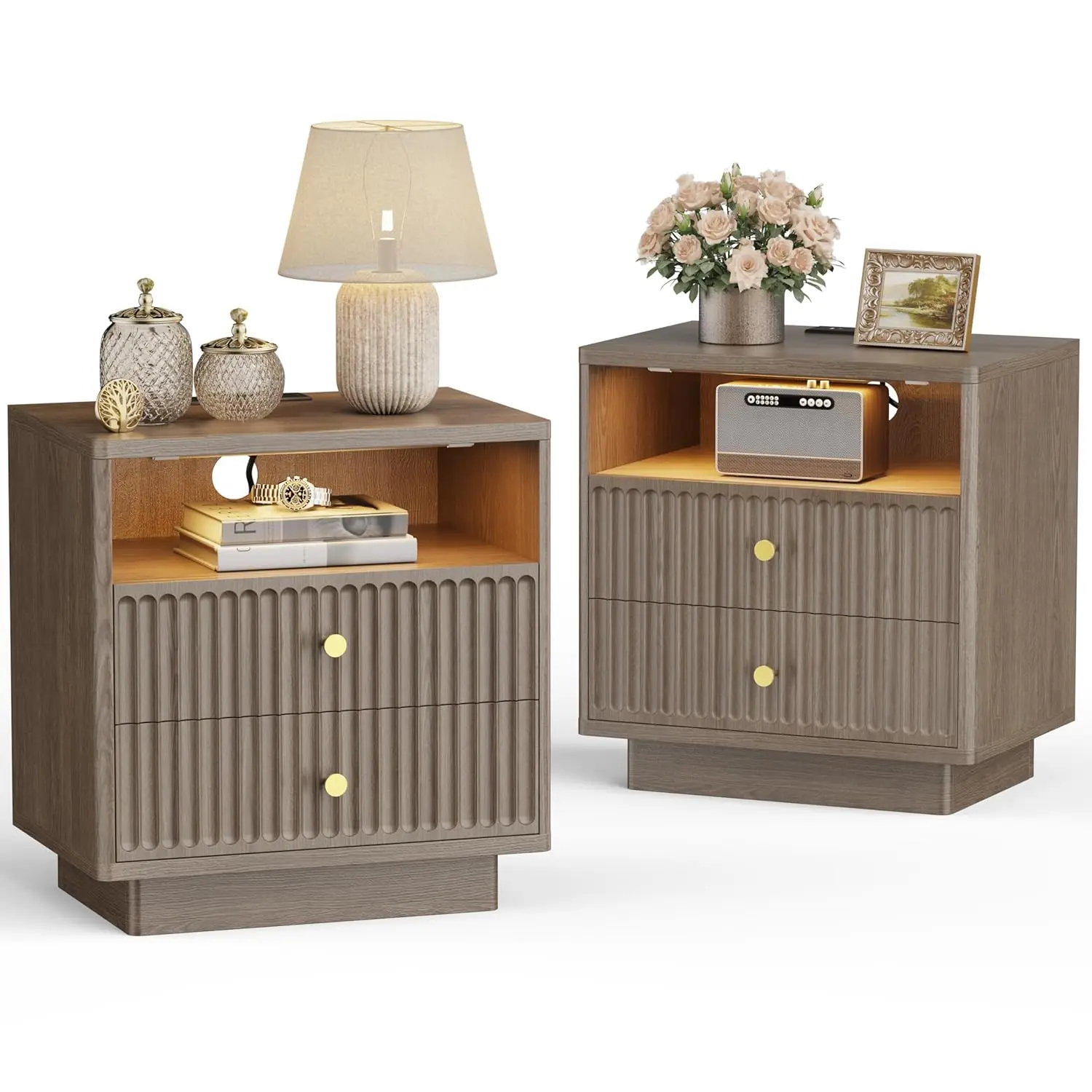 

23'' Fluted Nightstand Set 2 Charging Station Motion Sensor LED 2-Drawer Storage Bedroom Home Office Brown Gray Customized