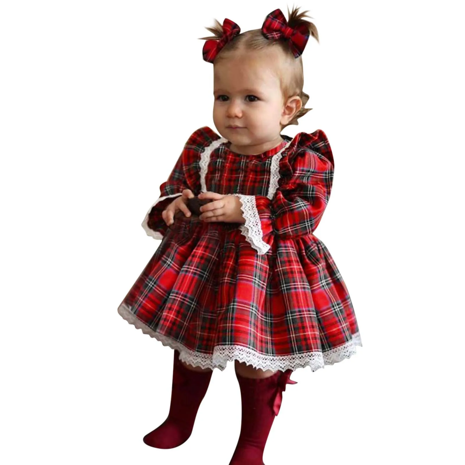 2024 Christmas Toddler Kids Baby Girl Princess Dress Red Plaid Ruffles Lace Tutu Dress Children Girl Puff Sleeve Xmas Dress 1-6