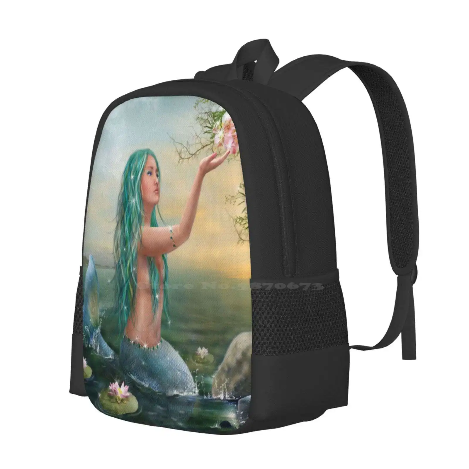 Marine Mermaid School Bag Big Capacity Backpack Laptop Aqua Marine Beautiful Fantasy Hibiscus Lotus Marine Mermaid Teal Water