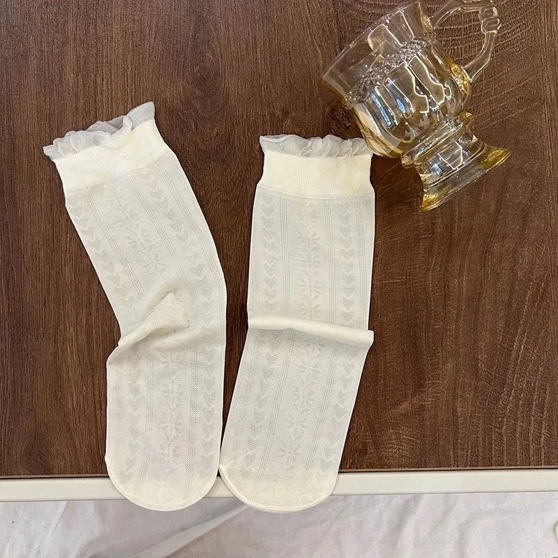 3 Pairs Women's Socks White Lace Summer Thin Wooden Ear Edge Pile Socks Spring Summer Socks Women's Ice Silk Sock