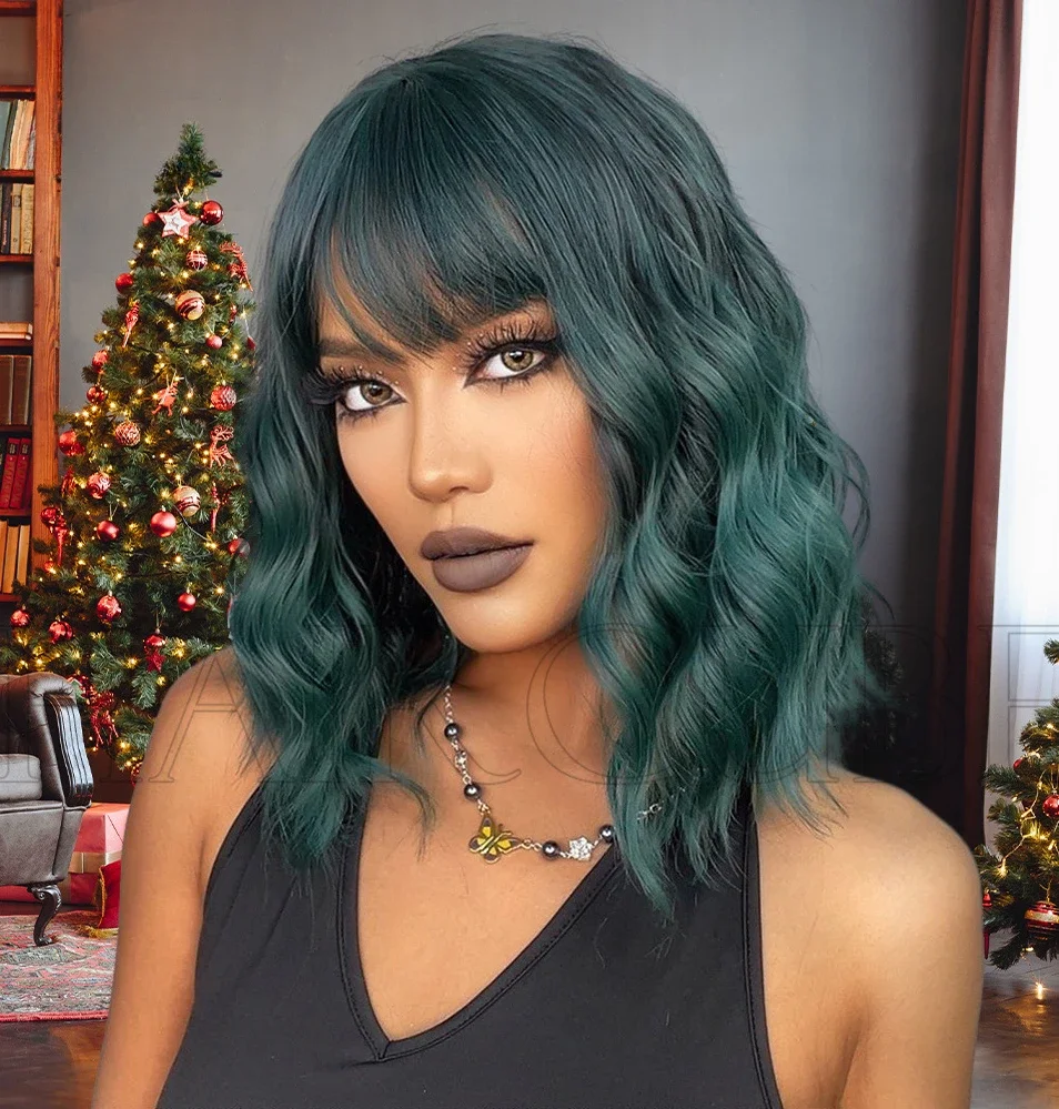 Halloween short gradient green & Blonde bangs shoulder-length curly ladies hair wig